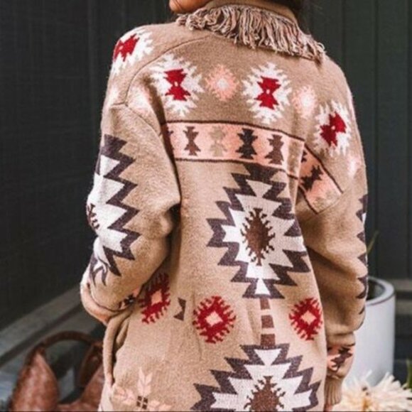 New Aztec Fringe Cardigan Sweater Coat - Picture 2 of 8